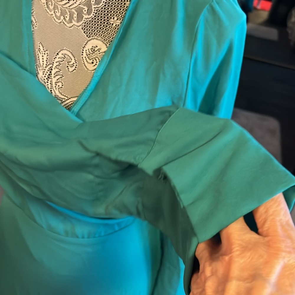 ASOS Green Wrap Tie Front Gown with Bishop Sleeves - Picture 3 of 9